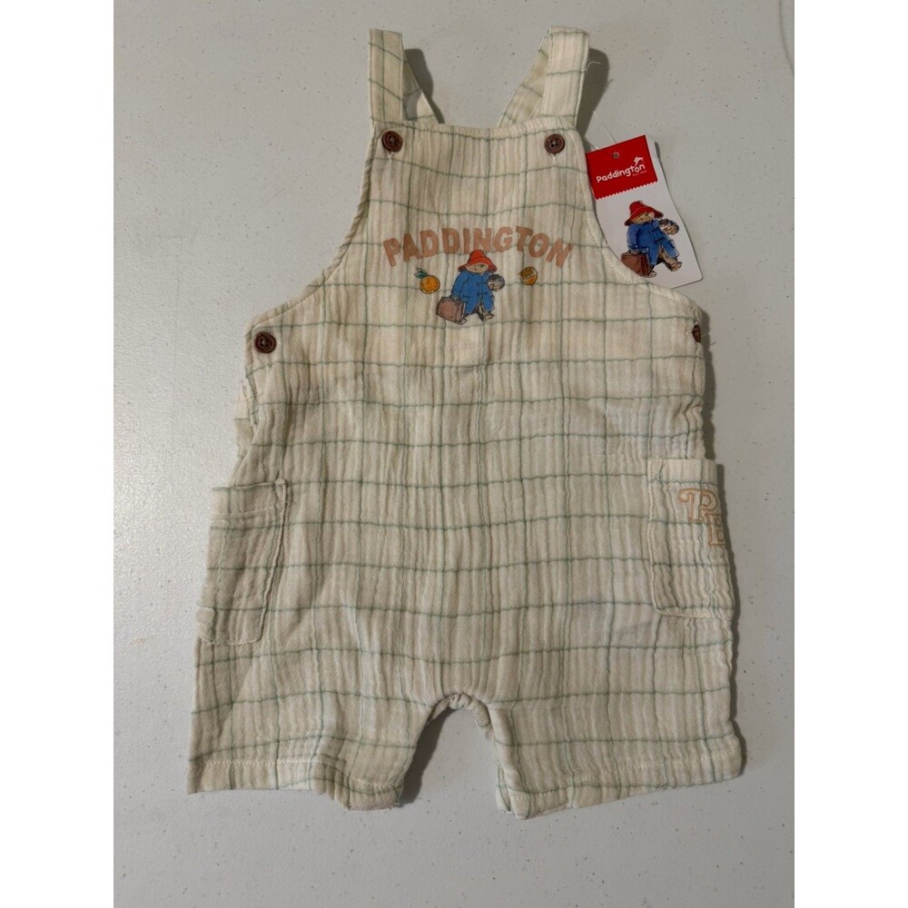 M&S Paddington Bear Baby Dungarees 100% Cotton 9-12M Cream Plaid NWT No Hat